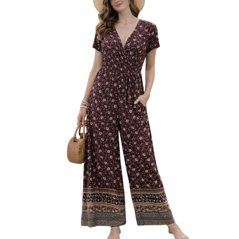 Rewind Floral Jumpsuit Womens XS Aurora Red Boho Wide Leg Indie Hippie
